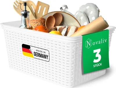 Produktbild von Novaliv 3er Set Lebensmittelechte Körbe Küche Aufbewahrung 14L Weiß Kunststoff Rattan-Optik Küche Aufbewahrung & Organisation BPA-Freie Lebensmittelaufbewahrungsbox für Teebeutel Snacks Gewürze