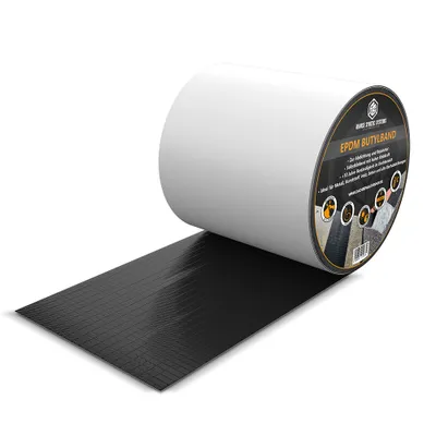 A roll of black EPDM butyl tape is partially unrolled on a white background.