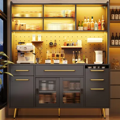 Immagine prodotto di Mobile da cucina nero, dimensioni 145x39x171 cm, realizzato in MDF, metallo e vetro, con illuminazione a LED e pannello forato, adatto per la cucina e il soggiorno