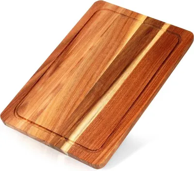 A wooden cutting and serving board on a white background.