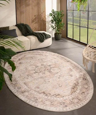 Imagen del producto de Alfombra exterior Unyqoos® oval Valenca Fino, 80x150 cm – Color vintage gris claro/beige, para interior y exterior, con una estructura 3D única y un suave acolchado, lavable