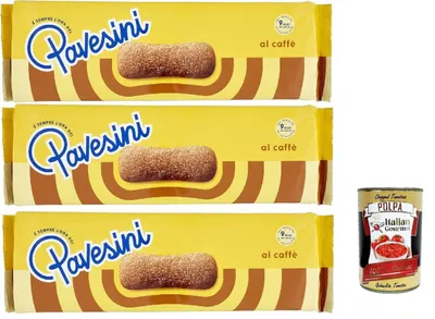 Produktbild von Pavesi Pavesini al Caffe', Biscotto Leggero per Colazione o Merenda, Leichter Keks mit Kaffee zum Frühstück oder Snack, biscuits cookies, 3x 200 g + Italian Gourmet polpa 400g