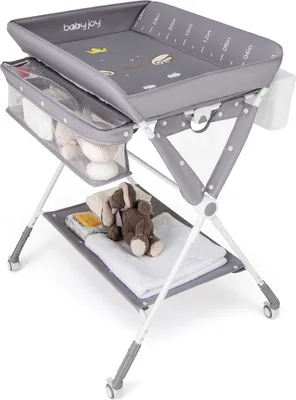 Produktbild von COSTWAY 3 in 1 Wickeltisch klappbar, Wickelkommode höhenverstellbar mit Mülleimer, Aufbewahrungskorb & Rollen, Wickelauflage tragbar bis 11kg Grau