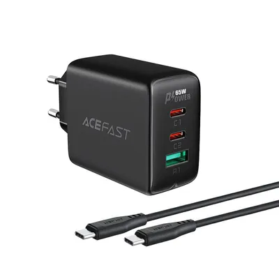 Productafbeelding van Acefast 2-in-1 netadapter met 2x USB-C / USB-poorten, 65W, PD, QC 3.0, inclusief zwarte kabel