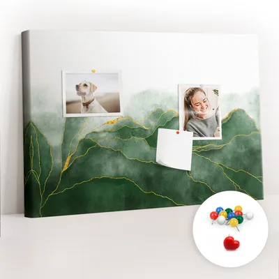 Obrázek produktu pro Korková nástěnka s kolíčky - Tabule s kolíky pro fotografie a poznámky - 60x40 cm - Připínáčky barevné 100 kusů - Abstraktní listy