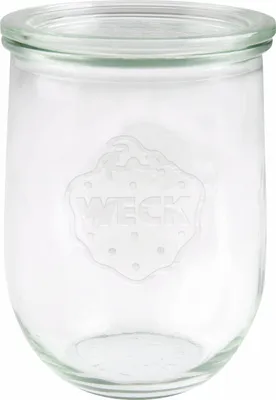 A clear glass jar with a raised logo.