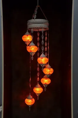 Zdjęcie produktu dla Lampa wisząca z czerwonego szkła z kolorową mozaiką, lampa w stylu orientalnym, 7 szklanych kulek, wykonana ręcznie w Turcji