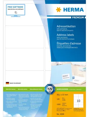 Obrázok produktu pre HERMA Premium - papier - matný - permanentne samolepiaci - biely - 99,1 x 57 mm 1000 štítkov (100 listov x 10)