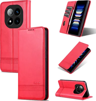 Collage of images showing a red flip-style phone case from different angles.