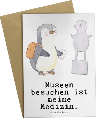 Produktbild von Mr. & Mrs. Panda Glückwunschkarte Pinguin Museum besuchen - Weiß - Geschenk, weihnachtskarten, dankeskarten, hochzeitskarten, osterkarte, Klappkarte, Museen