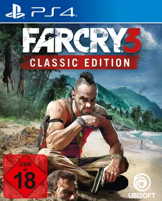 Cover art for Far Cry 3 Classic Edition for PlayStation 4, featuring a character from the game on a tropical island setting.