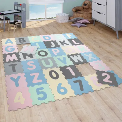 Produktbild von Puzzlematte Spielmatte Schaumstoffmatte Baby Kinder Matte Zahlen Buchstaben Pastell 36 Puzzleteile Grösse 32x32 cm x 36 Stück