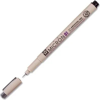 A single Sakura Pigma Micron 01 pen with its cap off, lying on a white background.