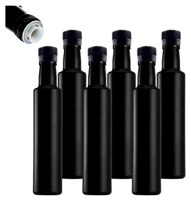 Produktbild von 6 schwarze Glasflaschen 250 ml mit Ausgießer und 6 Etiketten