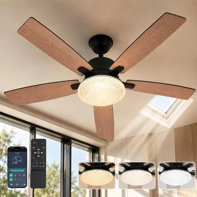 Image de Ventilateur de plafond de 132 cm avec éclairage, aspect bois, ventilateur de plafond avec lumière, intensité réglable sur 6 niveaux, silencieux, venti