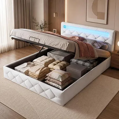 Image de Lit rembourré 140x200 avec éclairage LED, lit double avec espace de rangement hydraulique, lit avec coffre de rangement et repose-tête réglable en hauteur, lit pour adolescents avec coffre de rangement, revêtement en velours