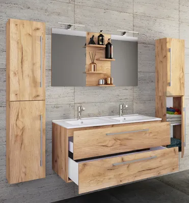 Produktbild von VCM 5-tlg. Doppel Waschplatz | 2x Waschtisch | Badmöbel Set mit Unterschrank, Waschbecken, 2x Hochschrank und Spiegel | Doppelwaschbecken | Komplettset Budasi SP