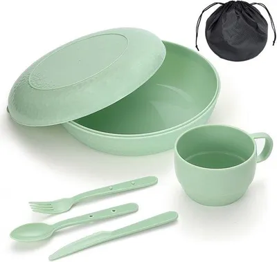 Produktbild von Unyqoos® Campinggeschirr-Set aus BPA-freiem Kunststoff – komplettes Campingbesteck mit Becher, Teller, Schüssel, Messer, Gabel, Löffel & Tragetasche