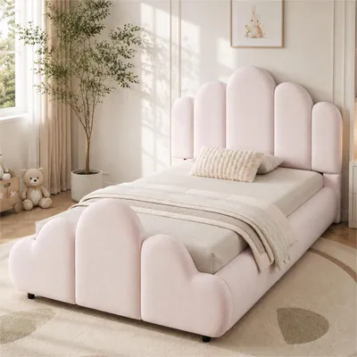Immagine prodotto di Letto per bambini MODFU, 90x200 cm, con imbottitura e rivestito in velluto morbido, letto per ragazzi con testiera imbottita, struttura del letto singolo con angoli arrotondati, colore rosa (senza materasso)