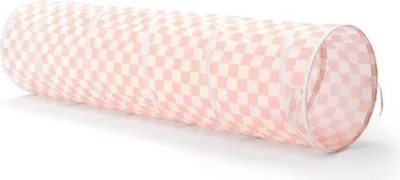 A children's play tunnel with a checkered pattern.