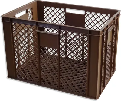 A brown plastic crate with a lattice pattern on its sides and bottom, shown from a slightly elevated front-left angle against a white background.