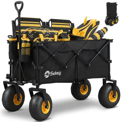 Produktbild von Sekey Bollerwagen Faltbar Luftreifen Groß Transportwagen Klappbar Handwagen - bis 200 kg belastbar, Schwarz