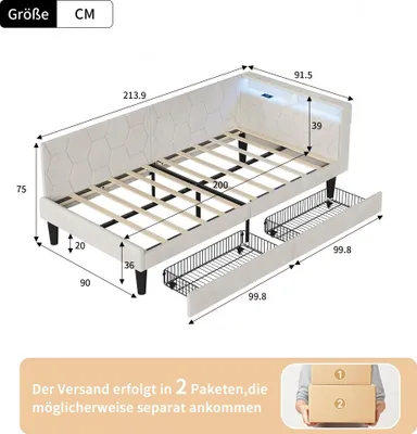 Produktbild von Tagesbett - Sofabett 140x200 cm - Metallgestell - 2 Schubladen - Rausfallschutz - Stoffbezug - Beige