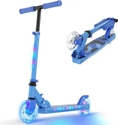 Produktbild von TONBUX Kinderroller für Kinder im Alter von 5 bis 12 Jahren, 2 Räder mit Leuchtreifen, Lenker und Trittbrett, 3 höhenverstellbare Griffe, Blau