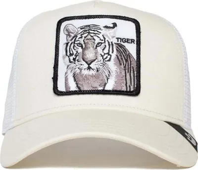 A white trucker cap with a patch of a tiger's face on the front.