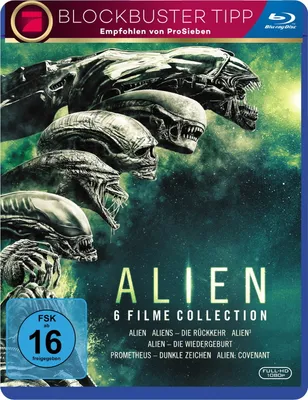 A Blu-ray collection box set for the Alien franchise, featuring multiple Xenomorph designs.