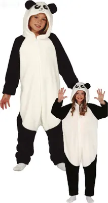 Two children wearing panda costumes.
