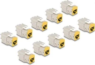Produktbild von DeLOCK Keystone Modul RJ45 Buchse zu LSA Cat.6A werkzeugfrei gelb Set 10 Stück, Flach, Gelb, RJ-45, LSA, Weiblich, Weiblich