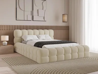 Produktbild von Chilly Möbel Design Bett Verona - Einzigartiges Polsterbett mit stabilem Metallrahmen, Bettkasten, Lattenrost und markantem Kopfteil 140x200 cm / Bouclé / Beige