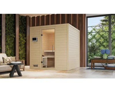 Produktbild von Massivholzsauna Karibu Wojave ohne Ofen und Dachkranz mit Ganzglastüre aus Klarglas
