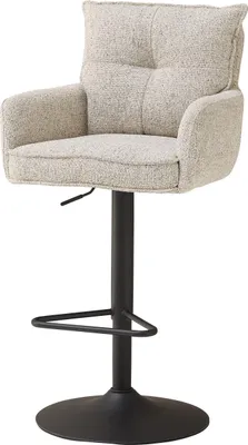 A beige and black adjustable bar stool is shown against a white background.