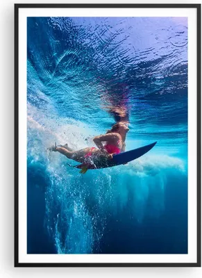 Produktbild von Gerahmtes Poster - Schwarzer Rahmen - Surfen Frau Unterwasser - 70x100 cm - Wand Bild - Wanddeko - Wandbilder - Wandposter - Bilderrahmen - Bilder - Kunstdruck - Wandbild - P2BPA70x100-4274