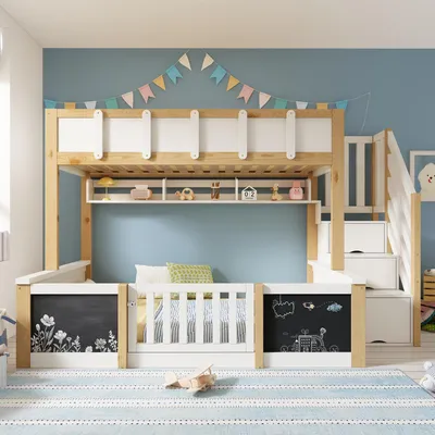 Imagen del producto de Cama nido okwish de 90/140x200 cm con pizarra, puerta de seguridad, cama infantil con escalera que sirve como espacio de almacenamiento, cama de madera con estantes abiertos, diseño natural, sin colchón