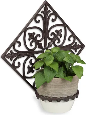 Produktbild von 2 x Blumenhalter Wand, Gusseisen, antik, Wandblumentopfhalter Garten, Ø 13 cm, dekorativ verziert, dunkelbraun
