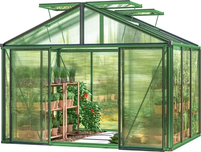 Produktbild von GFP Gewächshaus Asteria 21 Light 311x235 cm mit integriertem Fundament 12 mm Doppelstegplatten, Farbe Moosgrün