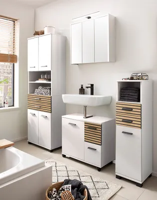 Produktbild von Badmöbel Set mit 65 cm Waschbeckenunterschrank, weiß matt, Akustikpaneel-Optik KANE-80