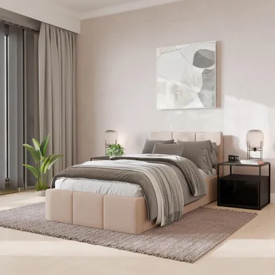 A bedroom scene with a bed, nightstand, and plant.