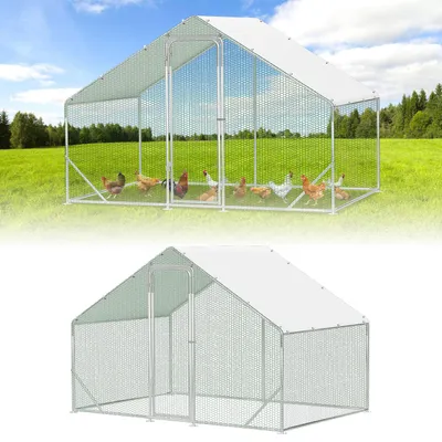 Immagine prodotto di Ikodm: Gabbia per polli con recinto esterno, dimensioni 3x2x2 metri. Pollaio, recinto per piccoli animali, voliera, recinto aperto, gabbia per polli, pollaio. Struttura in acciaio zincato, tetto in PE con porta