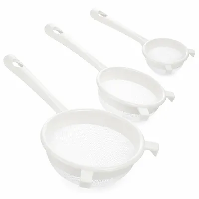 Produktbild von 3x Feinsieb Küche, Kunststoffsieb 40 Mesh, feinmaschiges Filtersieb mit Griff & Haken, 3 Größen, spülmaschinengeeignet, für Saft, Milch, Kaffee & Mehl