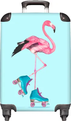 Obrázek produktu pro NoBoringSuitcases.com® Kufry Příruční kufr na kolečkách Malý cestovní kufr na 4 kolečkách - Flamingo - Kolečkové brusle - Modrý - Růžový - Velikost kabiny < 55x40x23 cm a 55x40x20 cm - Foto kufr - Kabinový kufr - Zavazadlo na palubu - Dětský kufr - Dětský vozík.