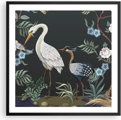 Produktbild von Gerahmtes Poster - Schwarzer Rahmen - Asiatisch Reiher Blumen - 60x60 cm - Wand Bild - Wanddeko - Wandbilder - Kunstposter - Wandposter - Bilderrahmen - Bilder - Kunstdruck - P2BAC60x60-4699