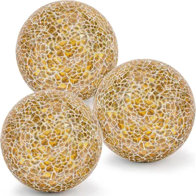 Imagen del producto de Esferas de vidrio con diseño mosaico, juego de 3 unidades, 8 cm de diámetro, con efecto "craquelado" dorado, ideales para la decoración de mesas