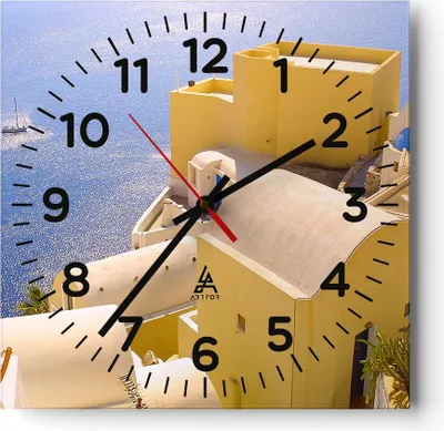 Produktbild von Wanduhr - Quadrat - Glasuhr - Haus wohnung gebäude griechenland - 40x40cm - Schleichendes Uhrwerk - Lautlos - zum Aufhängen bereit - Dekoration Modern - Wanddekoration aus Glas - C4AC40x40-1056