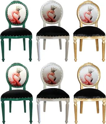 Produktbild von Casa Padrino Luxus Barock Esszimmer Set Flamingo mit Krone Grün / Weiß / Gold 48 x 50 x H. 98 cm - 6 handgefertigte Esszimmerstühle mit Bling Bling Glitzersteinen - Barock Esszimmermöbel