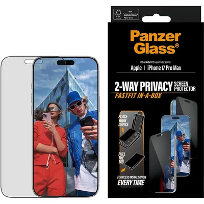 Zdjęcie produktu dla PanzerGlass ® 2-Way Privacy Screen Protector iPhone 17 Pro Max | Ultra-Wide Fit w. Fastfit in-a-box, Apple, Apple - iPhone 17 Pro Max, Aplikacja na sucho, Odporny na zadrapania, Odporny na wstrząsy, Przezroczysty, 1 szt.