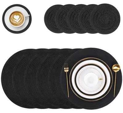 Obrázek produktu pro Sada 6 podtácků, kulaté, z bavlny, odolné vůči teplu, omyvatelné, protiskluzové, černé, průměr 38 cm